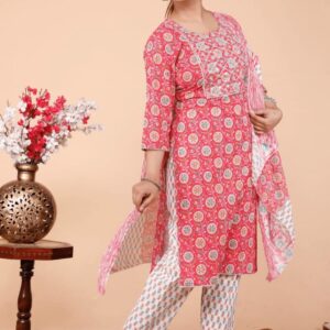 Vaachi Straight Printed Cotton Kurti pant dupatta set – VC14110931000