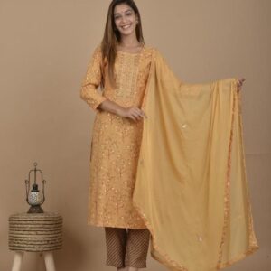 Modal muslin kurti pant with chiffon dupatta and embroidery work - VC14200901700