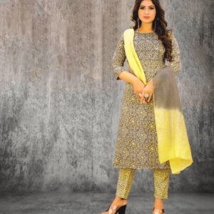 Cotton printed kurti pant with chanderi dupatta set – VC14242241300