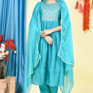 Chanderi silk Nyra cut kurti pant dupatta set in fancy wear – VC18111441700