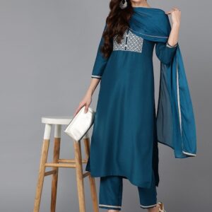 RAW SILK KURTI PANT DUPATTA SET – VC14254431400